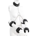 BDSM Adjustable Posture Collar, Handcuffs, And Arm Cuffs Set with Metal Link Chain, Adult Restraint Toy Kit, SM Bondage Game Toys, PU Leather.