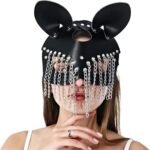Leather Cat Rabbit Woman Mask,Adjustable Head Half Face,With Rivets Metal,For Masquerade,Cosplay Games
