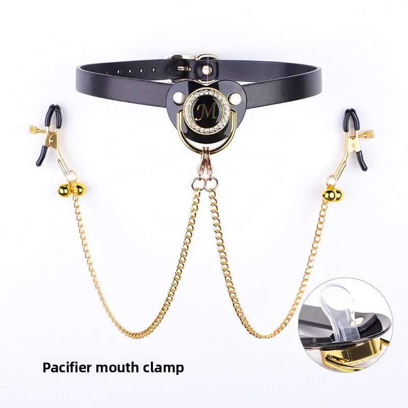 口塞011 BDSM Pacifier Gag With Nipple Clamps Set, PU Material, For Adult Forced Mouth Opening Play, BDSM Discipline games, And Adult sex toys - Image 1