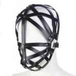 BDSM Black Leather Full-Cover Hood, Adjustable Straps, Crossed And Openwork Design, Breathable And Suitable for Use in Sexual Games.
