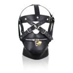 BDSM Adjustable Black Leather Hood,Hollow Out Eyes,Lockable Mouth Gag,Punk Style,For BDSM Games And Role-Playing