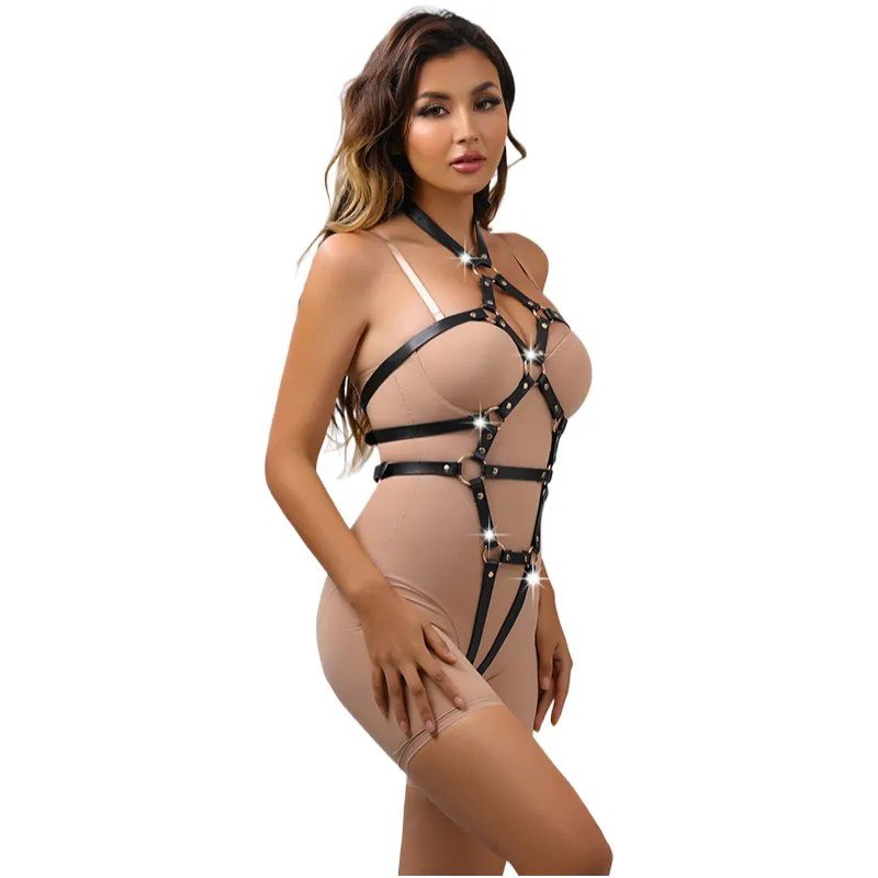 衣服001 BDSM Women's Body Harness Belt Caged Harness Lingerie Set Gothic Punk Leather Adjustable Chest Leg Garter Bondage Strap Set for Ladies, BDSM SM Cosplay Costume Clubwear Masquerade Party Accessories - Image 1