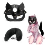 BDSM Women Cat Mask Half Face,With Faux Fur Butt Plug,For Cosplay Games,Couples'Role-Play