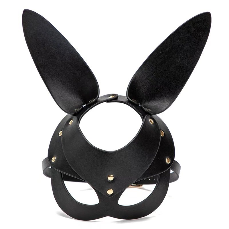 面具006 BDSM Adjustable Leather Rabbit Mask,Punk Black Cat Mask,For Birthday Easter Halloween Masquerade Cosplay Party - Image 1