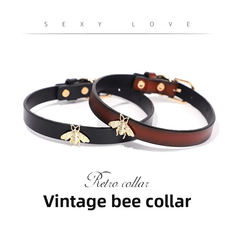 颈链007 BDSM Genuine Leather Bee-Themed Collar with Metal Lead Chain, Two Color Options, For Adult Role-Play Games and BDSM Games - Image 1
