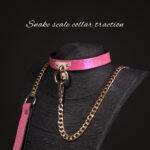 BDSM Pink Snake-Textured Restraint Collar With Metal Lead Chain, PU Material, For Collectibles Adult Play Toys, BDSM Role-Play - Image 3