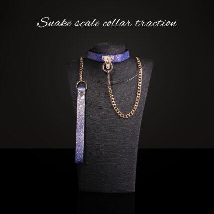 BDSM Purple Snake-Textured Restraint Collar with Metal Lead Chain, PU Material, For Role-Play Games, Adult BDSM Play Games