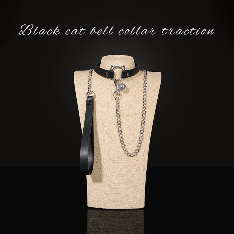 颈链020 BDSM Kitten Bell Collar with Metal Lead Chain, PU Material, For Couples' Play Toys and BDSM Role-Play - Image 1