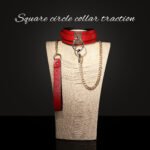 BDSM Red Square-Design Restraint Collar with Metal Lead Chain, PU Material Choker, For Adult Games, Bedroom Play, And BDSM Role-Play