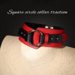 BDSM Red Square-Design Restraint Collar with Metal Lead Chain, PU Material Choker, For Adult Games, Bedroom Play, And BDSM Role-Play - Image 4