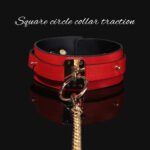 BDSM Red Square-Design Restraint Collar with Metal Lead Chain, PU Material Choker, For Adult Games, Bedroom Play, And BDSM Role-Play - Image 2